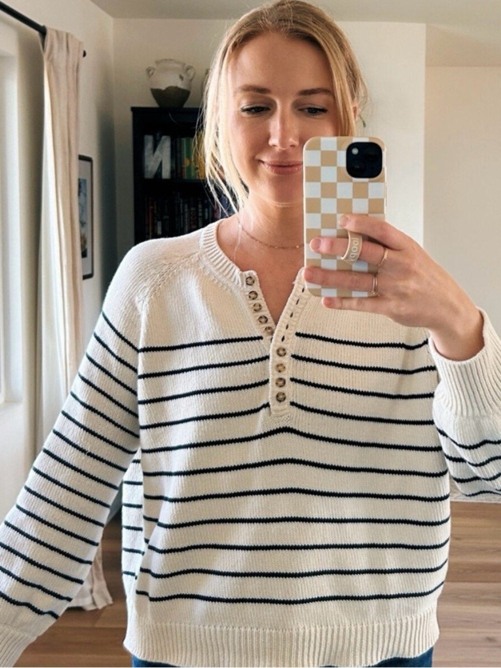 Sezane Cream & Navy Striped Henley Sweater
